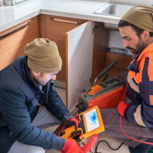 Two men do sewer inspection on pipes under sink