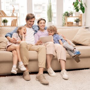 happy family on couch