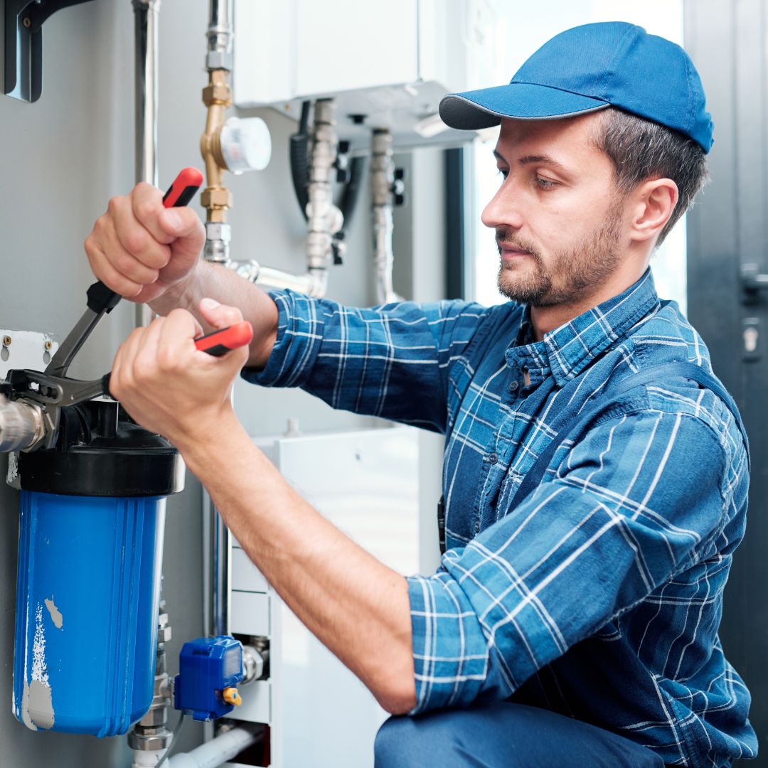a plumber working on a water filtration system