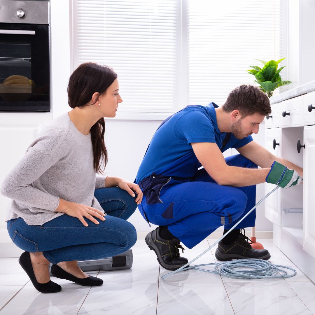 a plumber and home owner looking at a sink together