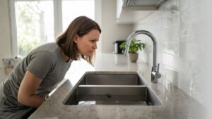 A person leans over a modern kitchen sink, looking frustrated at the standing water.