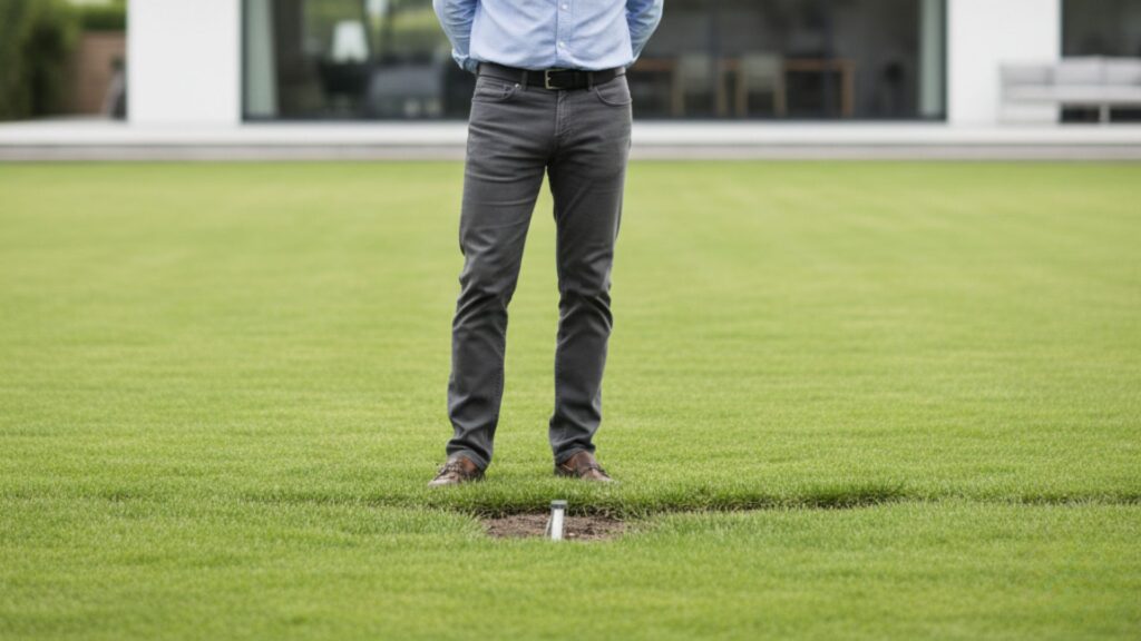 A person stands on a green lawn, contemplating the area near their home on a sunny day.
