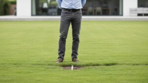 A person stands on a green lawn, contemplating the area near their home on a sunny day.